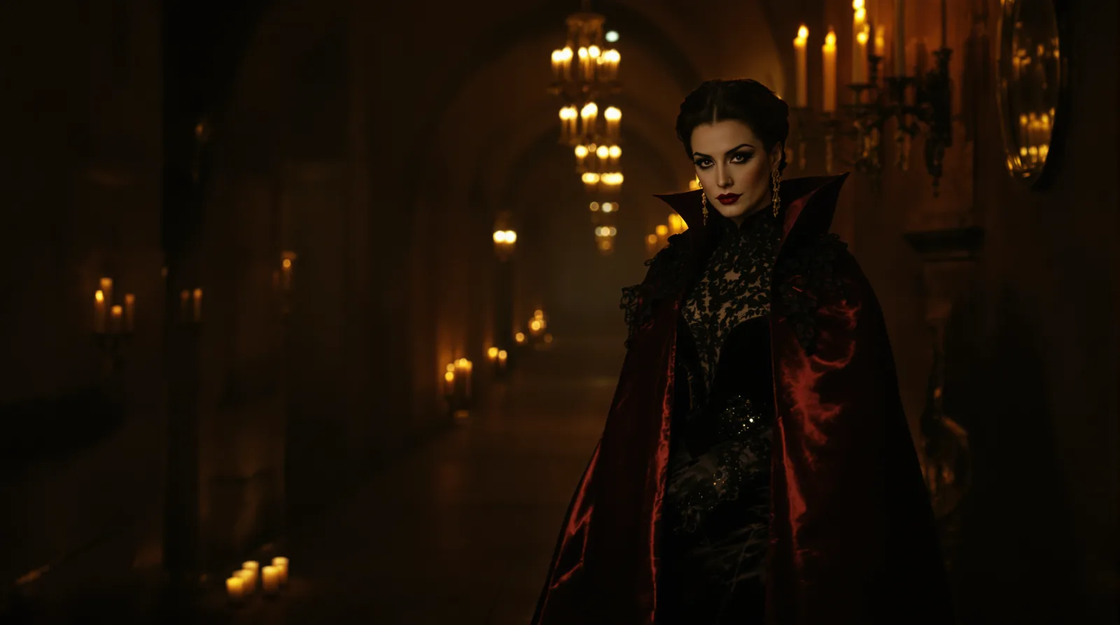 Woman in a glam vampire Halloween costume with a velvet cape in a candlelit gothic hallway
