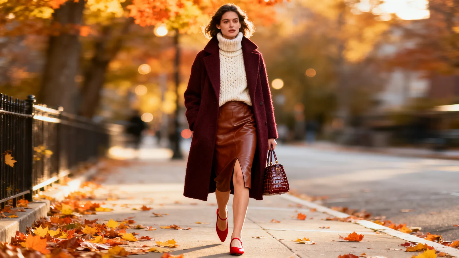 Woman in a burgundy coat, cream knit and leather pencil skirt on an autumn street