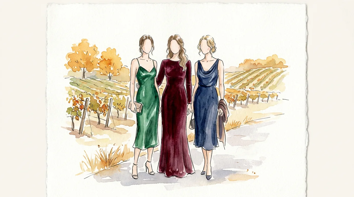 Watercolor of three wedding guests in emerald, burgundy and navy dresses at an autumn vineyard