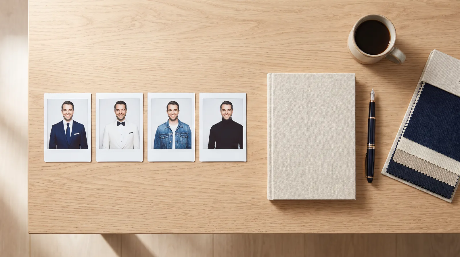 Four instant photos of the same man in four different outfits on a wooden desk
