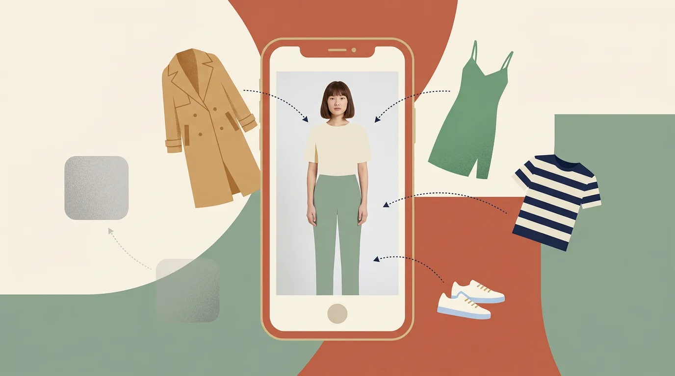 Illustration of clothes floating toward a smartphone for virtual try-on, with a faded app icon