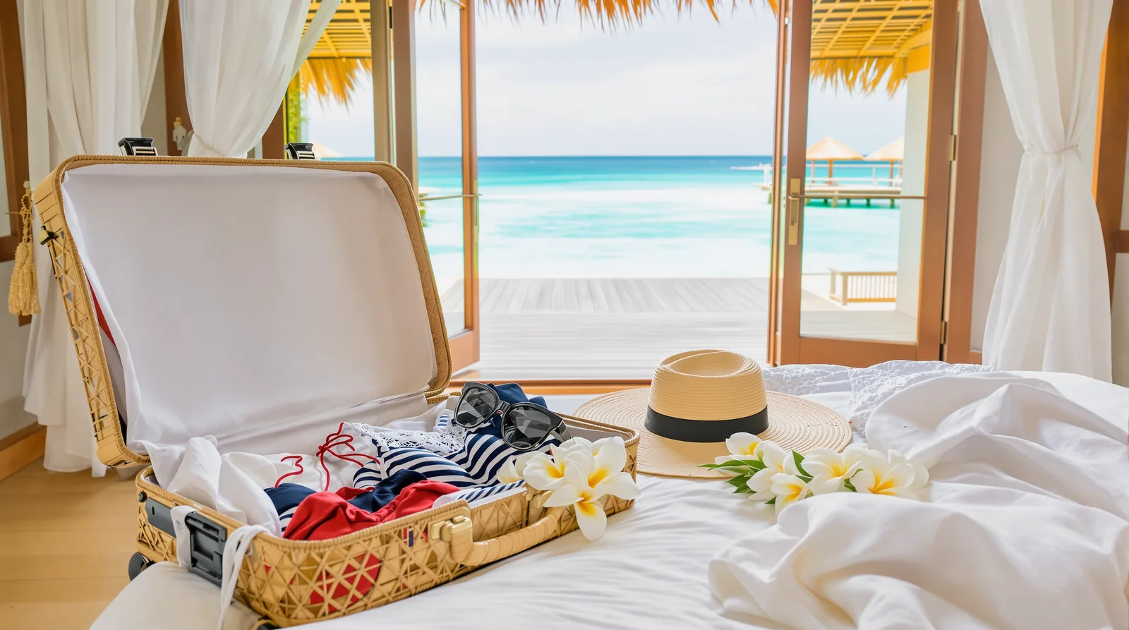 Open rattan suitcase with folded bikinis, a straw hat and sunglasses in a seaside villa