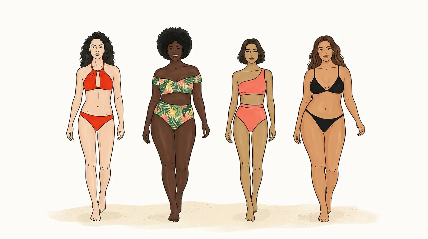 Illustration of four women with different body shapes wearing different bikini cuts on a beach